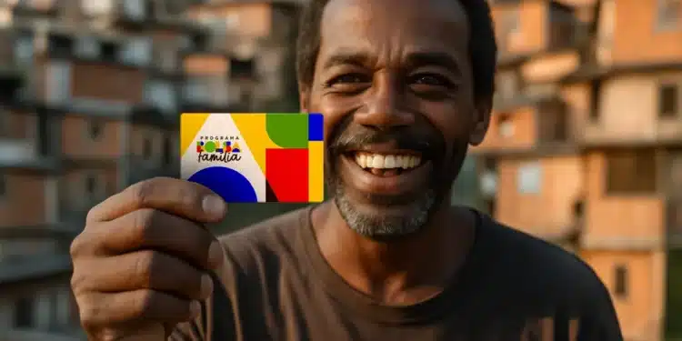 Homem sorrindo e segurando o cartão do Bolsa Família, com o logotipo do programa em destaque e casas ao fundo, representando a comunidade beneficiada.