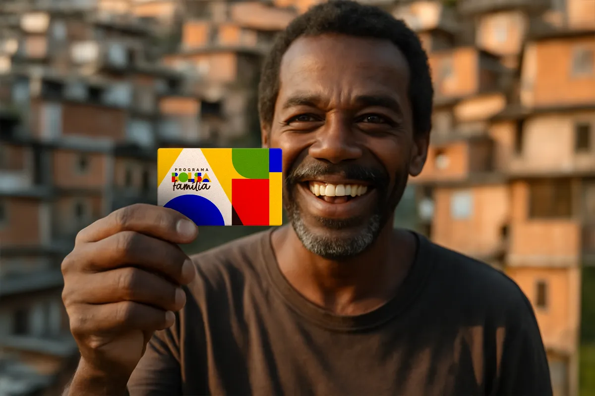 Homem sorrindo e segurando o cartão do Bolsa Família, com o logotipo do programa em destaque e casas ao fundo, representando a comunidade beneficiada.