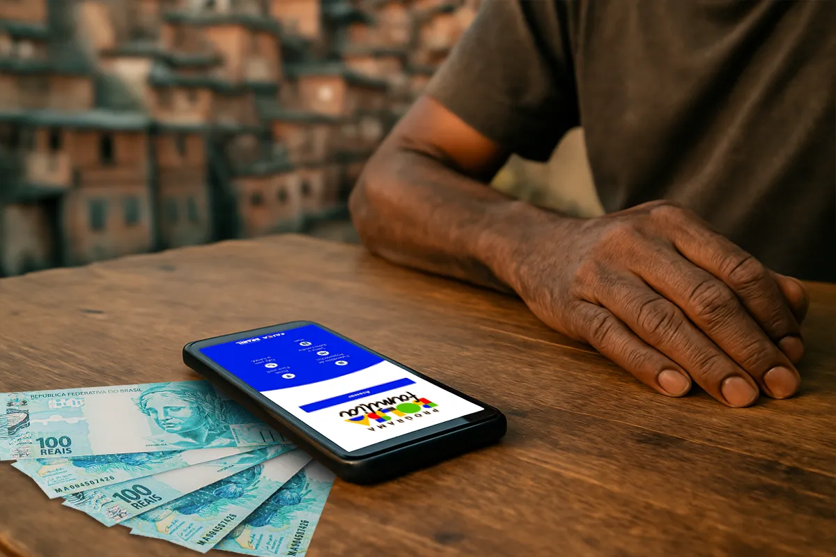 Telefone celular em uma mesa de madeira, mostrando o aplicativo do Bolsa Família, com notas de 100 reais ao lado e a mão de um homem ao fundo.