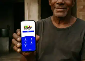 Homem segurando celular com a tela do programa Bolsa Família, representando o acesso digital ao benefício.