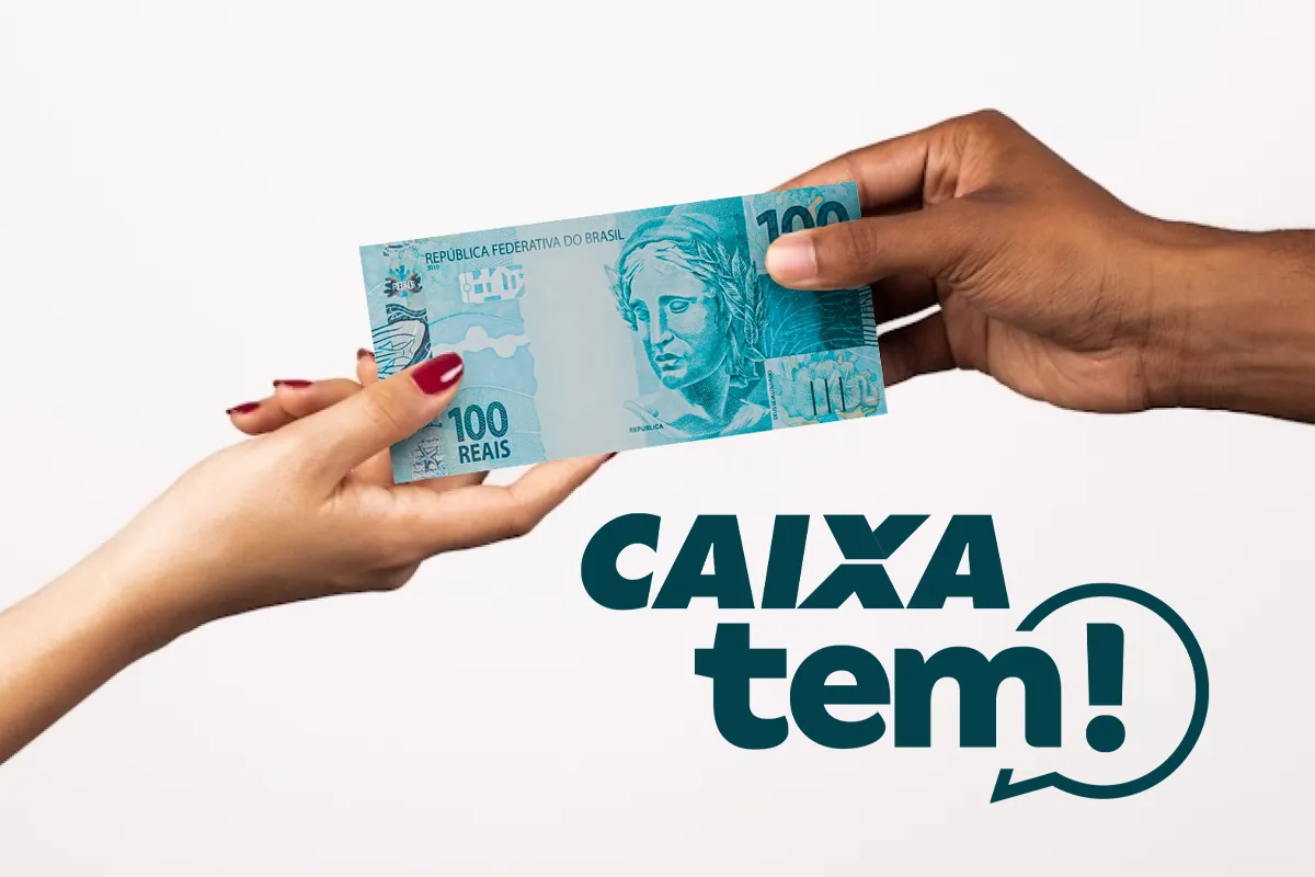 Mão recebendo uma cédula de 100 reais, representando o saque de valores do Caixa Tem conforme o calendário de pagamentos de setembro de 2025, com foco nos beneficiários com NIS final 1, 2, 3, 4, 5, 6, 7, 8, 9, 0.