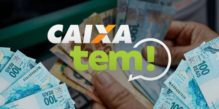 Mão segurando notas de R$ 100, com o logo do Caixa Tem sobreposto.