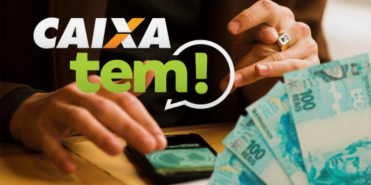 Pessoa utilizando o aplicativo Caixa Tem no celular com notas de 100 reais ao lado, representando movimentações via PIX.