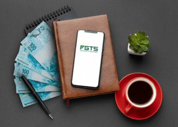 Mesa de escritório com notebook aberto mostrando o site do FGTS, uma xícara de café, dinheiro e caneta.