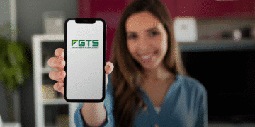 Mulher sorridente mostrando a tela do celular com o logotipo do FGTS.