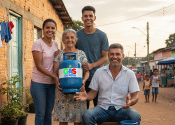 Família sorridente segurando um botijão de gás azul com o logo "Gás do povo" em uma área rural.