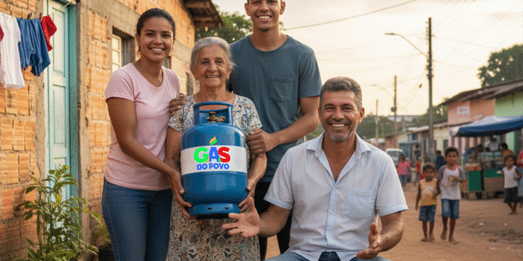 Família de quatro pessoas, incluindo avó, pai, e dois filhos jovens, posando em frente a uma casa de tijolos e segurando um botijão de gás azul com o logo 'Gás do Povo'. A cena se passa em uma rua de comunidade.