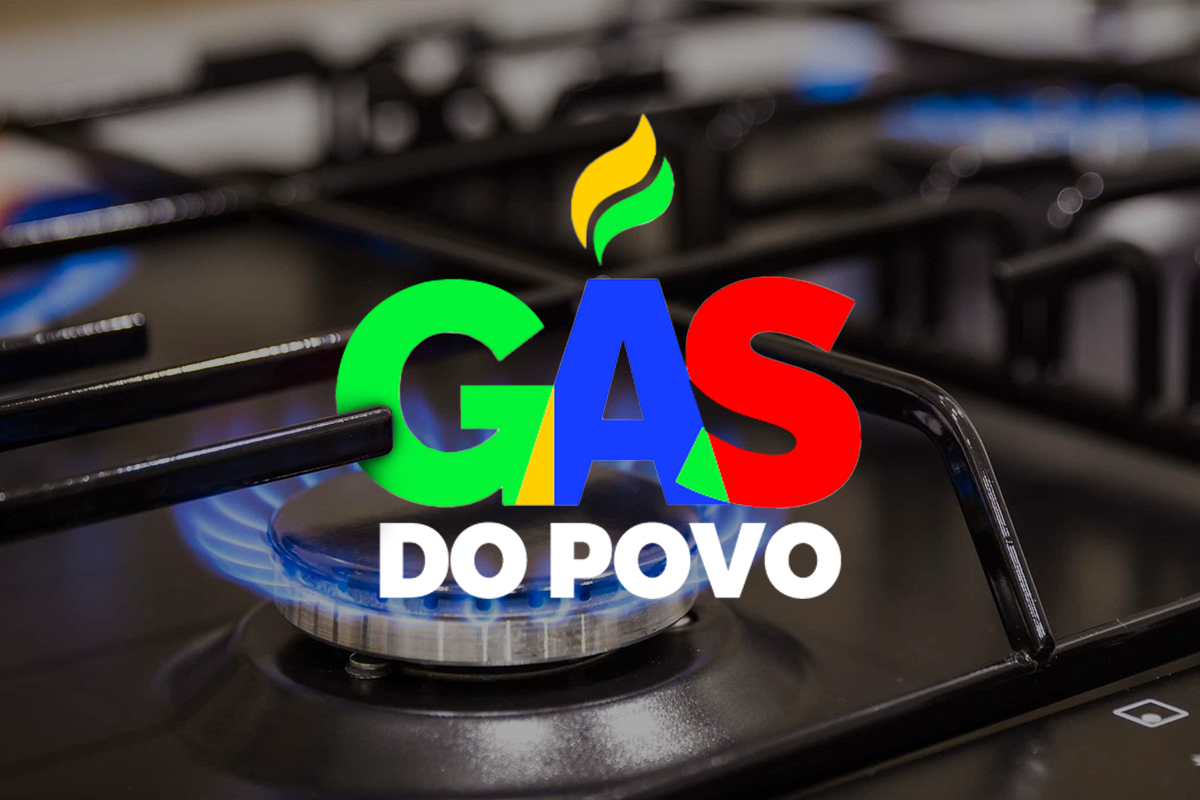 Chama de fogão a gás acesa e o logo do programa "Gás do Povo" sobreposto.