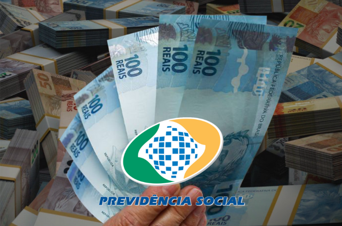 Notas de 100 reais com logotipo da Previdência Social, representando o teto de pagamento do INSS.