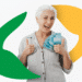 Imagem de idosa sorrindo e segurando notas de dinheiro, com o logo do INSS ao fundo