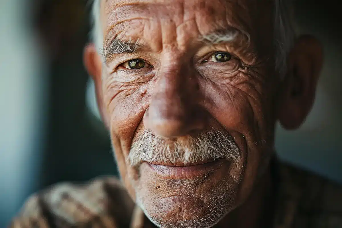 Idoso sorrindo, retrato de um homem mais velho com expressão amigável, representando a inclusão dos idosos no programa Bolsa Família.