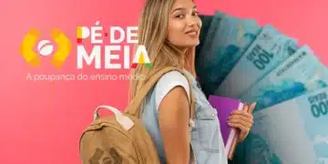 Imagem promocional do programa Pé-de-Meia com uma jovem sorrindo, segurando livros e uma mochila. Ao fundo, cédulas de 100 reais e o logo do programa.