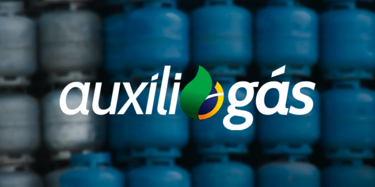 Logo do programa Auxílio Gás com botijões ao fundo.