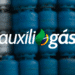 Logo do programa Auxílio Gás com botijões ao fundo.