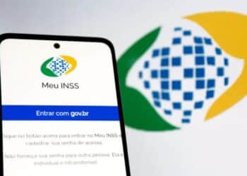 Tela do aplicativo Meu INSS com opção de login via gov.br, com fundo do logo do INSS.