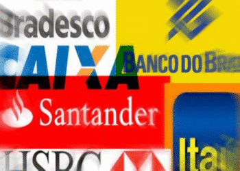 Logos de bancos brasileiros Bradesco, Caixa, Banco do Brasil, Santander, HSBC e Itaú.