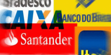 Logos de bancos brasileiros Bradesco, Caixa, Banco do Brasil, Santander, HSBC e Itaú.