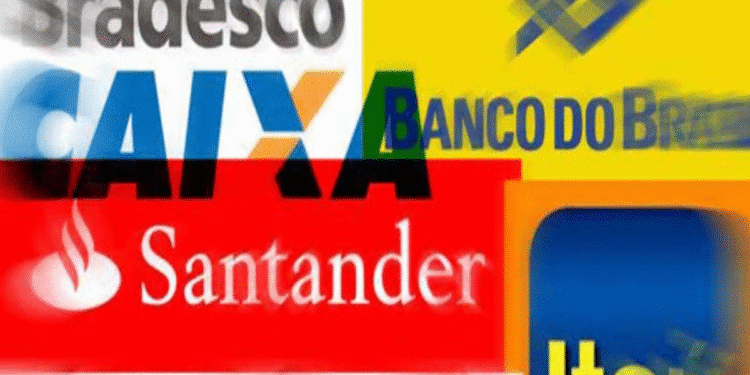 Logos de bancos brasileiros Bradesco, Caixa, Banco do Brasil, Santander, HSBC e Itaú.
