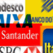 Logos de bancos brasileiros Bradesco, Caixa, Banco do Brasil, Santander, HSBC e Itaú.