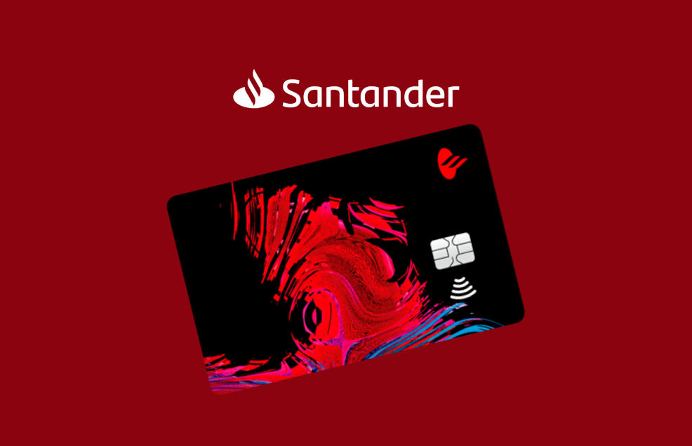 Cartão de crédito Santander FREE com design moderno em fundo vermelho, produto sem anuidade para negativados