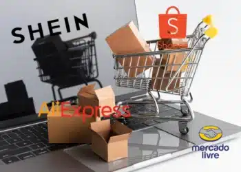 Alerta para compras na Shein, Shopee, Mercado Livre e AliExpress, com caixas de produtos em uma loja virtual.