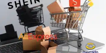 Alerta para compras na Shein, Shopee, Mercado Livre e AliExpress, com caixas de produtos em uma loja virtual.