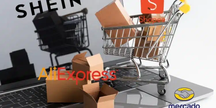 Alerta para compras na Shein, Shopee, Mercado Livre e AliExpress, com caixas de produtos em uma loja virtual.