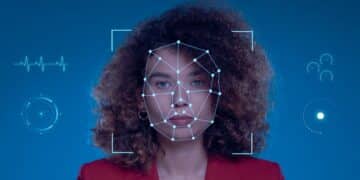 Uma mulher jovem com cabelo encaracolado, olhando diretamente para a câmera, com uma grade digital sobre seu rosto, representando o reconhecimento facial e a biometria.