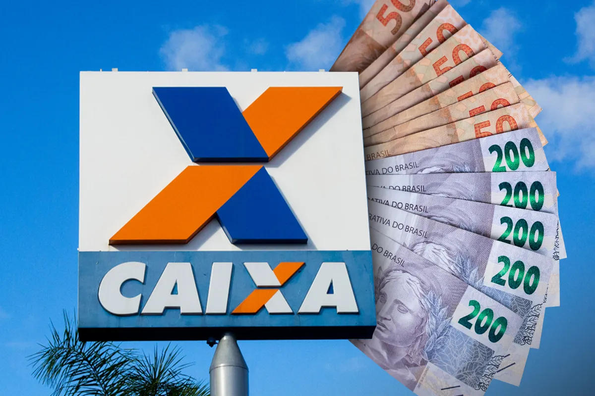 Outdoor da Caixa Econômica Federal com notas de dinheiro, representando os depósitos do programa Pé-de-Meia.