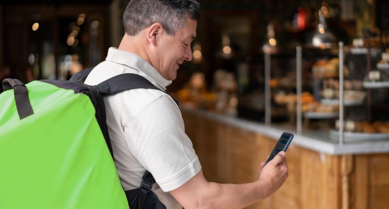 Homem de meia-idade, vestindo uma mochila grande e verde de delivery, verifica o celular na frente de uma loja, com um sorriso no rosto.