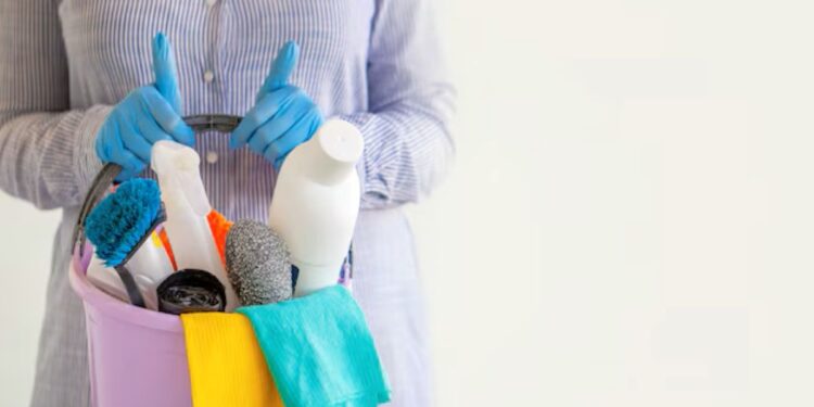Mulher de luvas azuis segurando um balde de limpeza com produtos e vassouras, referenciando as empregadas domésticas.