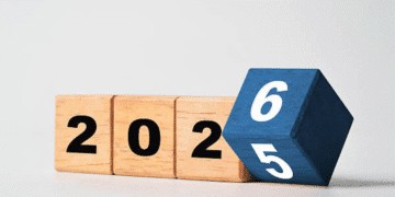 Blocos de madeira mostrando a transição do ano 2025 para 2026