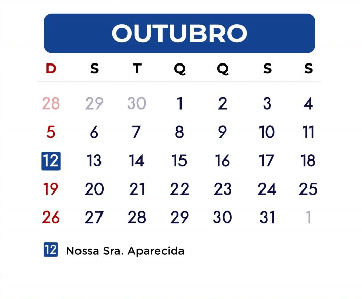 Calendário do mês de outubro de 2025 com feriado de Nossa Senhora Aparecida