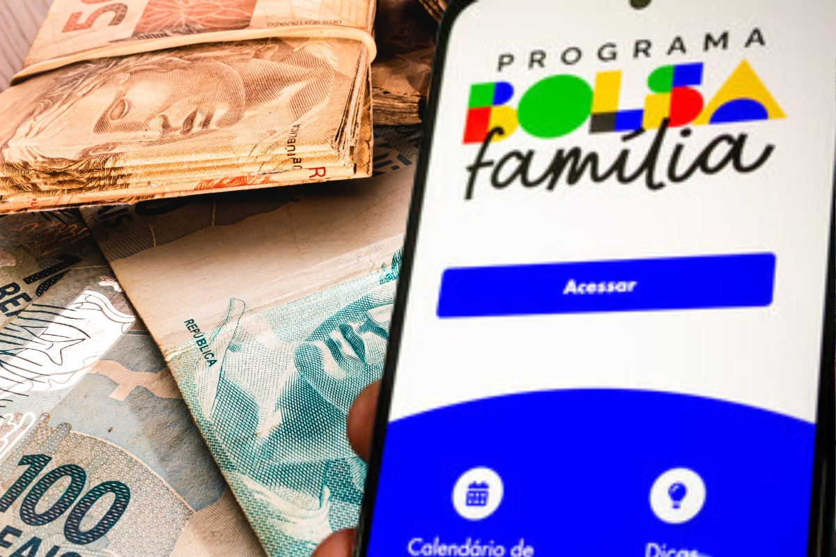 Imagem do aplicativo Bolsa Família na tela de um celular, com notas de dinheiro ao fundo, simbolizando o bloqueio do benefício.
