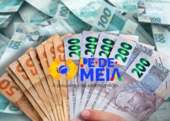 Imagem ilustrativa sobre o pagamento de R$200 via PIX. A imagem destaca cédulas de 50, 100 e 200 reais, com foco na importância de aprender a conferir o Pé-de-Meia.