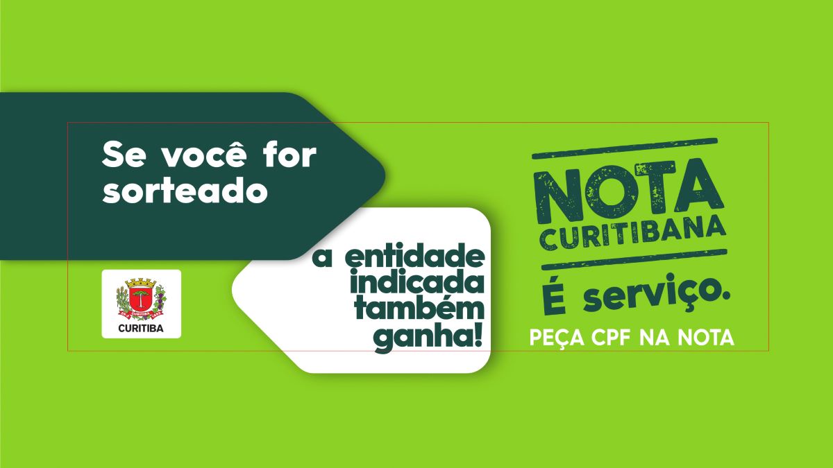 Ilustração da campanha Nota Curitibana destacando sorteios de prêmios e doações para entidades sociais.