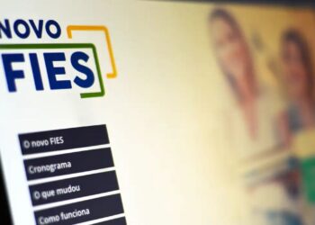 Logotipo do Novo FIES em tela de computador. Menu lateral exibe opções como 'O novo FIES', 'Cronograma' e 'Como funciona'.