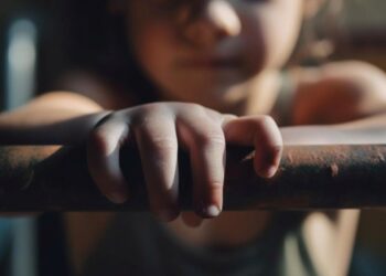 Mão de uma criança segurando uma barra de ferro, simbolizando a proteção necessária para menores órfãos devido ao feminicídio, conforme a pensão especial do INSS.