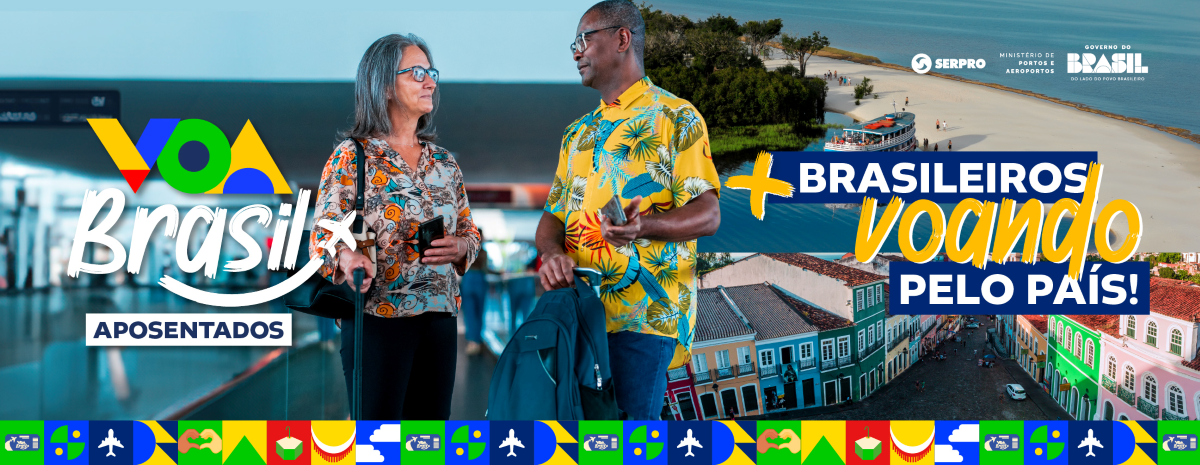 Banner oficial do programa Voa Brasil com logo, casal de aposentados em aeroporto e paisagens turísticas brasileiras