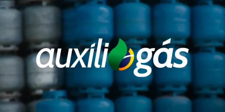 Logotipo do Auxílio Gás sobre pilha de botijões azuis indicando o início dos pagamentos no dia 20