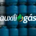 Logotipo do Auxílio Gás sobre pilha de botijões azuis indicando o início dos pagamentos no dia 20