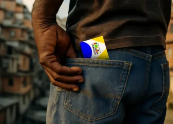 Homem com camisa escura e calça jeans, guardando o cartão do Programa Bolsa Família no bolso traseiro, com uma comunidade ao fundo, simbolizando a proteção social e as condições do benefício.