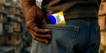 Homem com camisa escura e calça jeans, guardando o cartão do Programa Bolsa Família no bolso traseiro, com uma comunidade ao fundo, simbolizando a proteção social e as condições do benefício.
