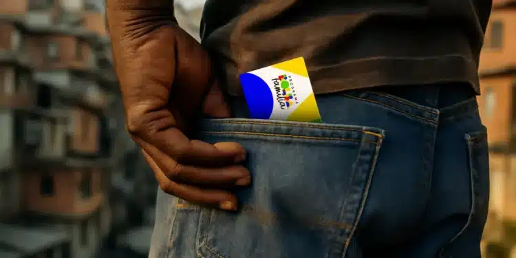 Homem com camisa escura e calça jeans, guardando o cartão do Programa Bolsa Família no bolso traseiro, com uma comunidade ao fundo, simbolizando a proteção social e as condições do benefício.