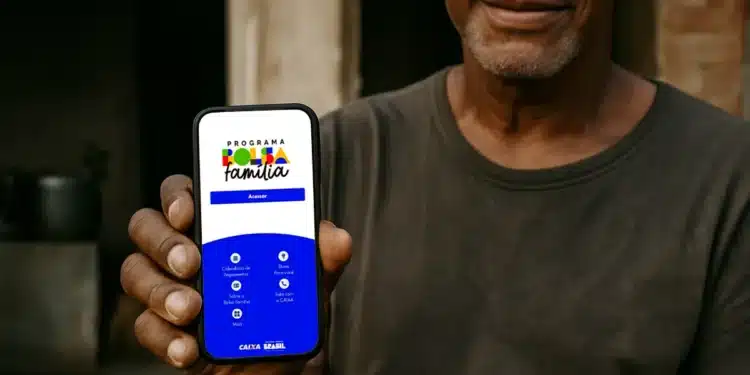 Pessoa segurando um celular com a tela do aplicativo Bolsa Família, simbolizando o acesso ao benefício.