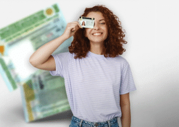 Mulher sorridente segurando a Carteira Nacional de Habilitação (CNH).