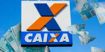 Logotipo da Caixa Econômica Federal em destaque, com notas de R$ 100 flutuando ao redor em um céu azul, simbolizando a liberação de dinheiro e benefícios financeiros.