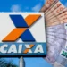 Notas de dinheiro empilhadas ao lado do logotipo da Caixa Econômica Federal sob um céu azul, representando o saque emergencial e benefícios financeiros.