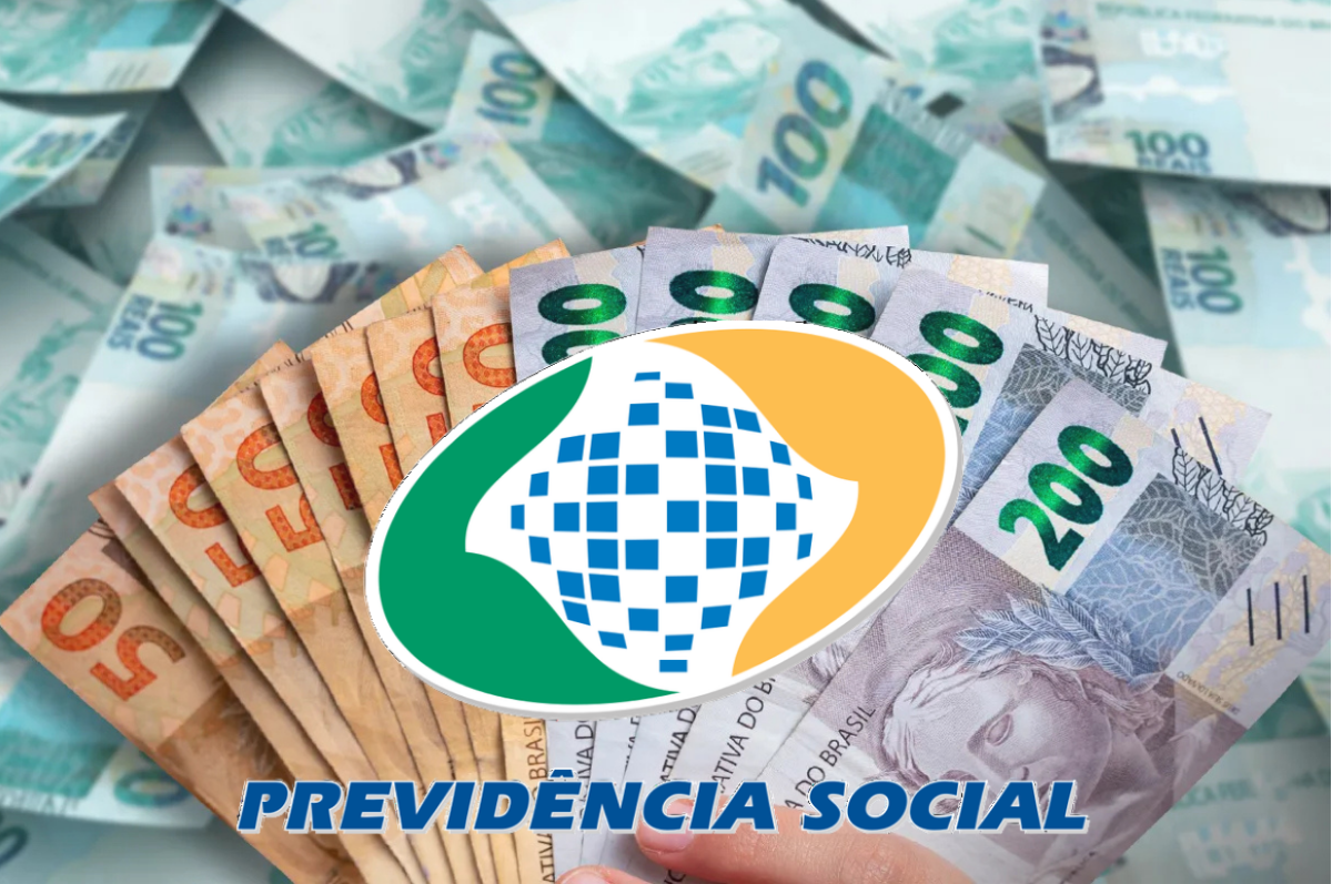Notas do INSS com o logotipo da Previdência Social e valores destacados, como R$ 200, R$ 100 e R$ 50.