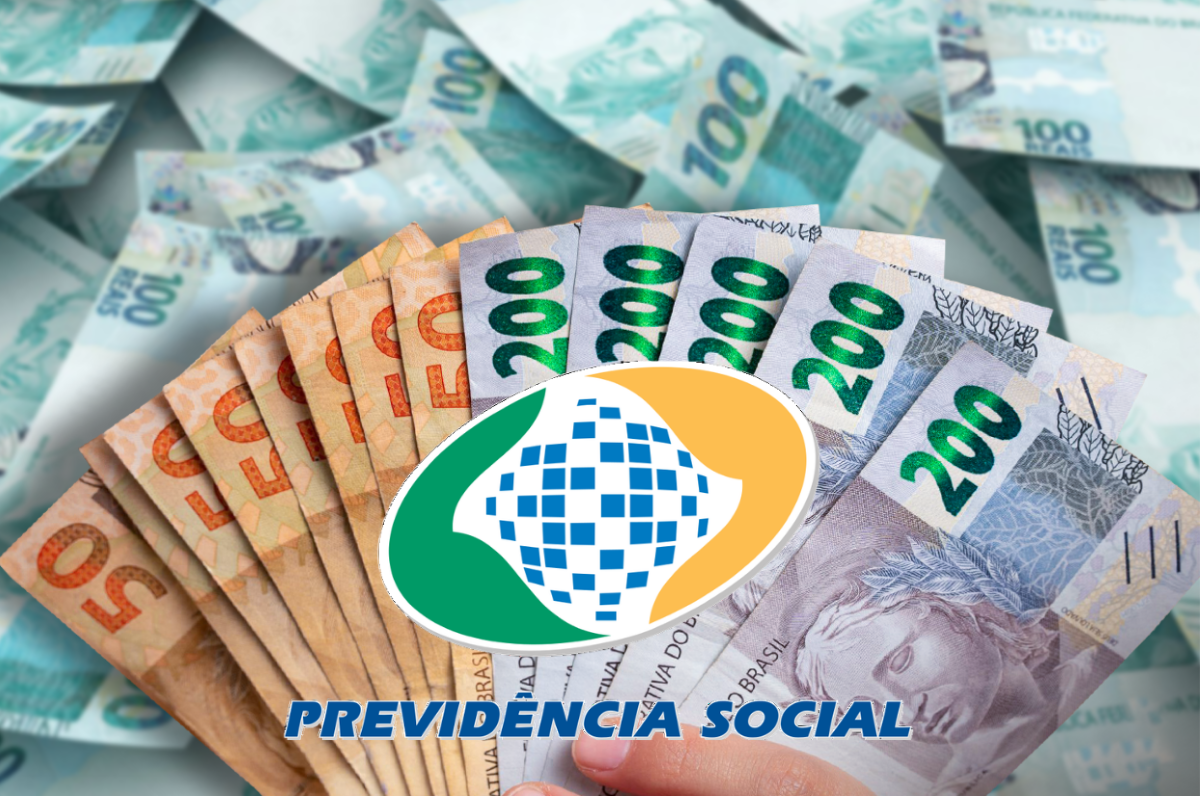 Notas de dinheiro, incluindo valores de R$ 50, R$ 100, e R$ 200, com o logo da Previdência Social, ilustrando os pagamentos do teto do INSS de até R$ 8.157,41.